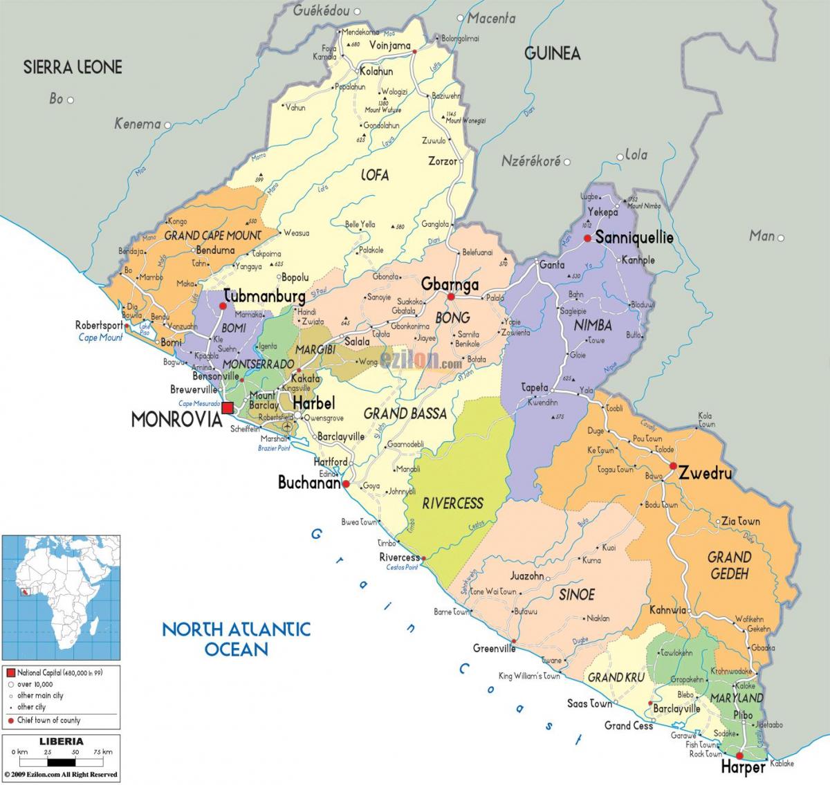 ramani ya nchi ya Liberia